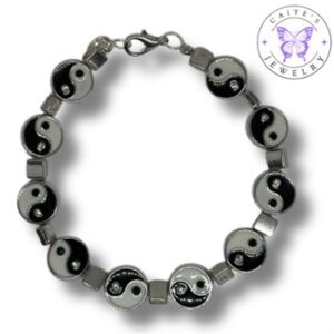 Handmade Silver Wire Bracelet with Yin and Yang Beads